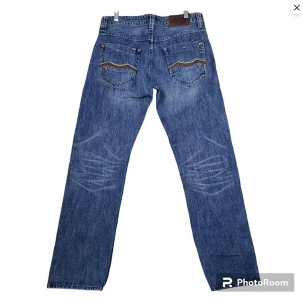 RRJ Original Jeans Men's Straight Blue Jeans Size 34 Blue Embroidered 5 Pocket